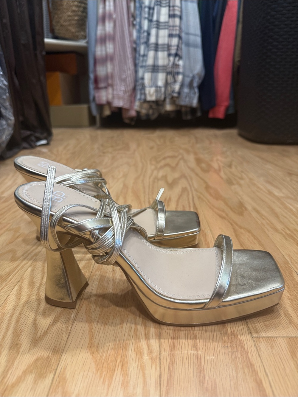 bp Metallic Gold Strappy Platform Block Heel Sandals